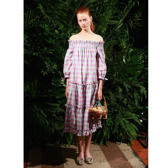 Kate Spade Madras Plaid Off Shoulder Maxi Dress Large - Picture 11 of 11